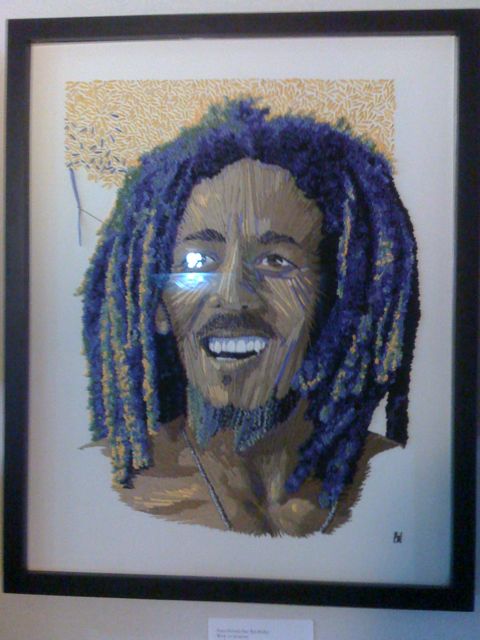 Looks good? Its even more impressive when you realize this portrait of Bob Marley by Barbara Lugge is all hand-stitched.